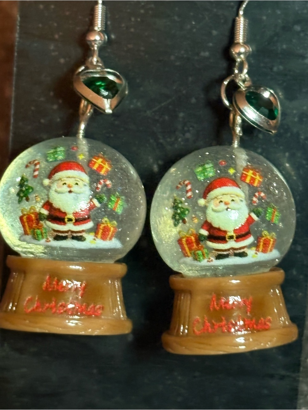 Holiday Santa Snow Globe Earrings - clear Green & Red